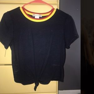 Navy blue t-shirt with yellow and red neckline